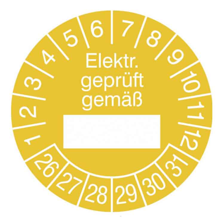 Prüfplakette Elektr. geprüft gemäß in Jahresfarbe