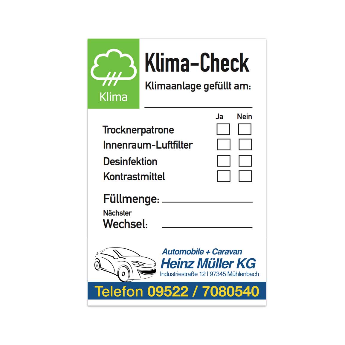 50-50-003-0-00-01-000-serviceetikett-klimacheck-aa65b3 Service-Aufkleber - "Klima-Check" - mit Firmeneindruck - Hochformat