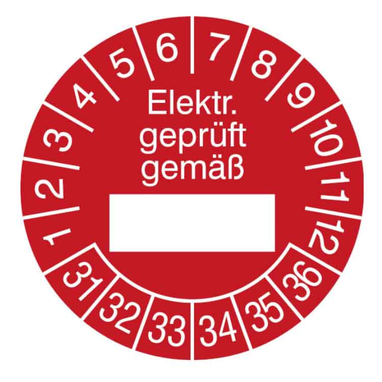 Prüfplakette Elektr. geprüft gemäß in Jahresfarbe