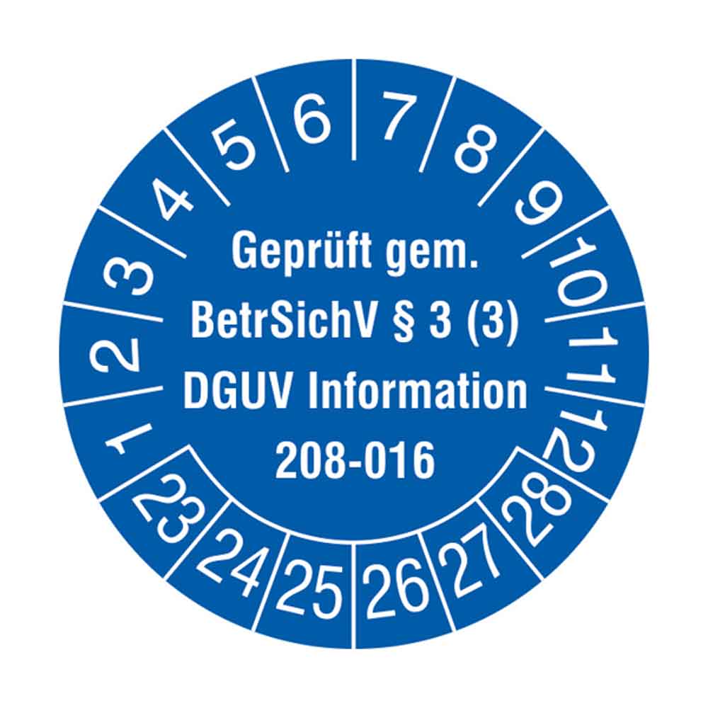 Prüfplakette auf Bogen - Geprüft gem. BetrSichV §3 (3) - DGUV Information 208-016