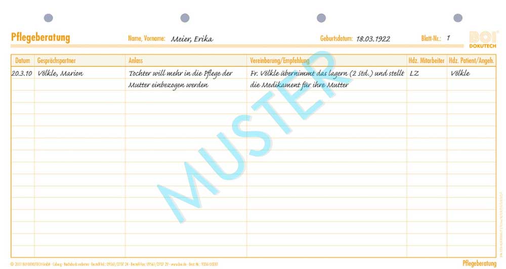 Formular "Pflegeberatung" - Zubehör für Dokumentationsmappen Formular "Pflegeberatung" - Zubehör für Dokumentationsmappen