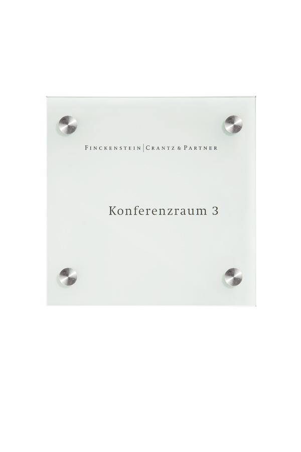 CRISTALLO Türschild - rahmenlos - aus 2 x 4 mm Einscheiben-Sicherheitsglas - 4 Edelstahlhalter