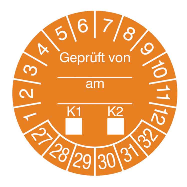 Prüfplakette - Geprüft von ... am ... K1-K2 - in Jahresfarbe - Dokumentenfolie