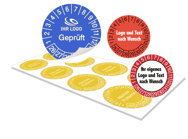 Etikettenbogen mit individuellen Prüfplaketten