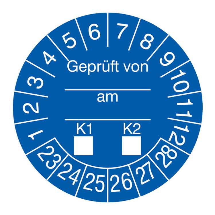 Prüfplakette - Geprüft von ... am ... K1-K2 - in Jahresfarbe - Dokumentenfolie