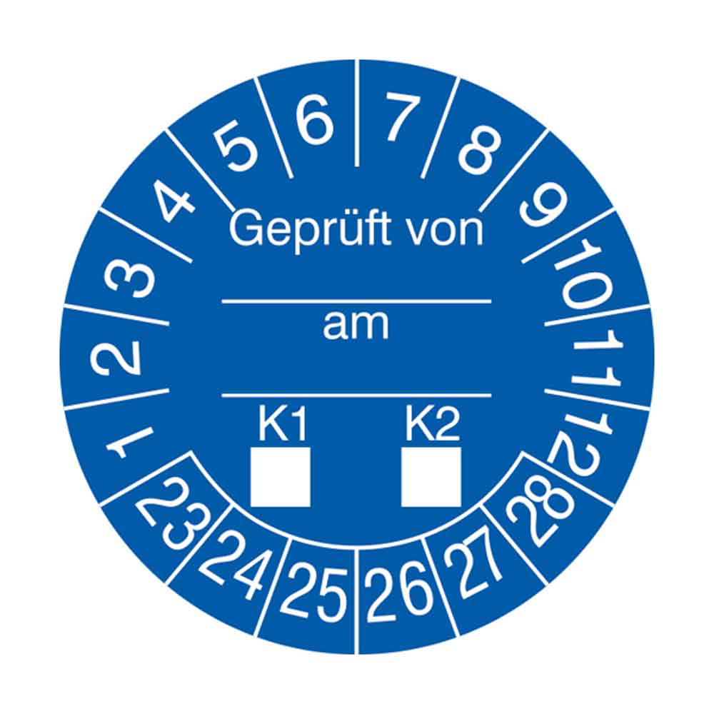 Prüfplakette auf Bogen - Geprüft von ... am ... K1-K2