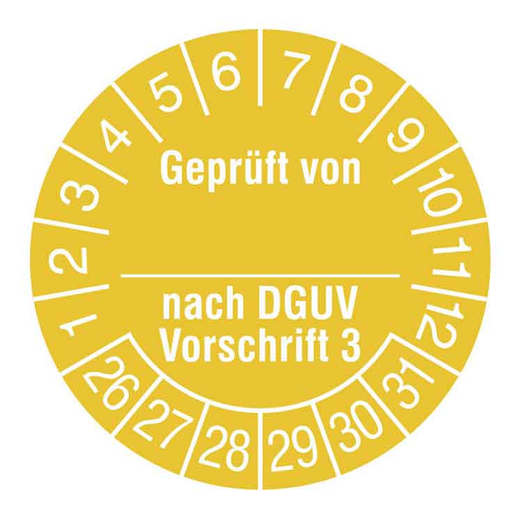 Prüfplakette - Geprüft von ... nach DGUV Vorschrift 3 - in Jahresfarbe - Dokumentenfolie