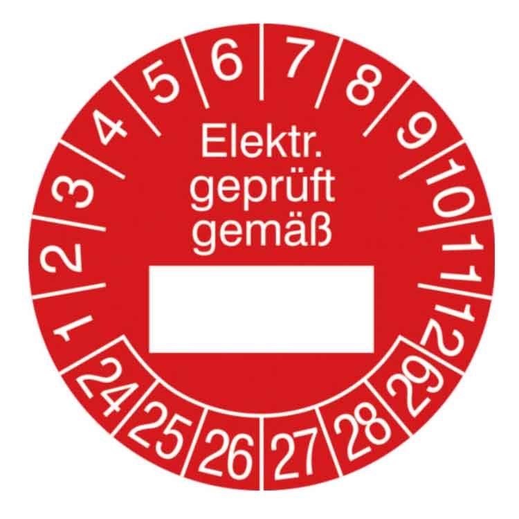 Prüfplakette Elektr. geprüft gemäß in Jahresfarbe