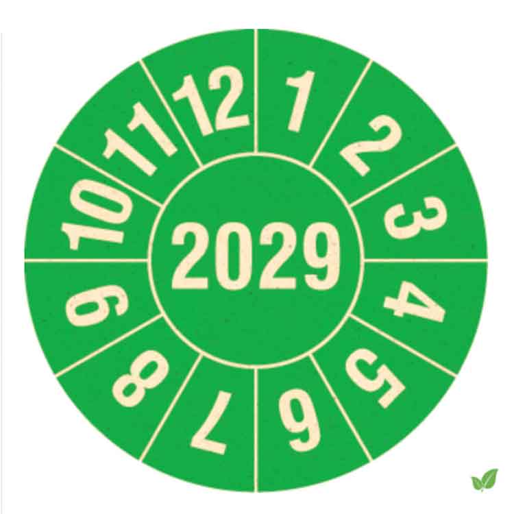 Prüfplakette aus Graspapier- Jahresplakette mit 4-stelliger Jahreszahl in Jahresfarbe