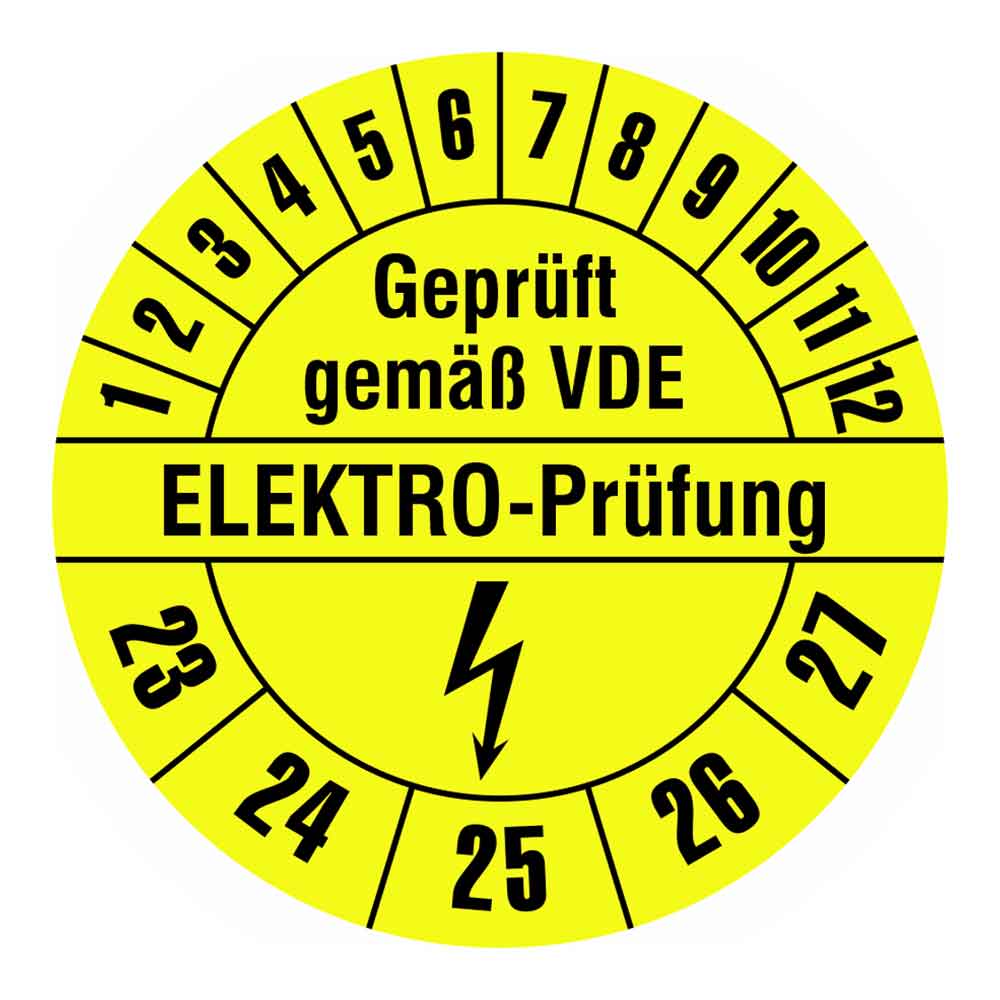 35-22-687-0-10-23-27-2f5f7c Prüfplakette auf Rolle - Geprüft gemäß VDE - ELEKTRO-Prüfung - Gelb/Schwarz