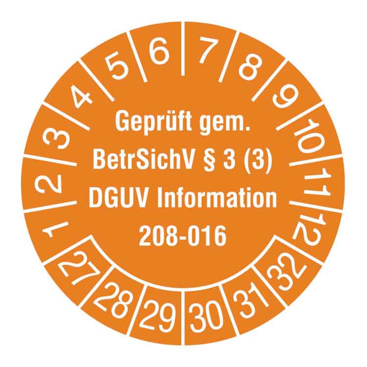 Prüfplakette - Geprüft gem. BetrSichV §3 (3) - DGUV Information 208-016 - in Jahresfarbe