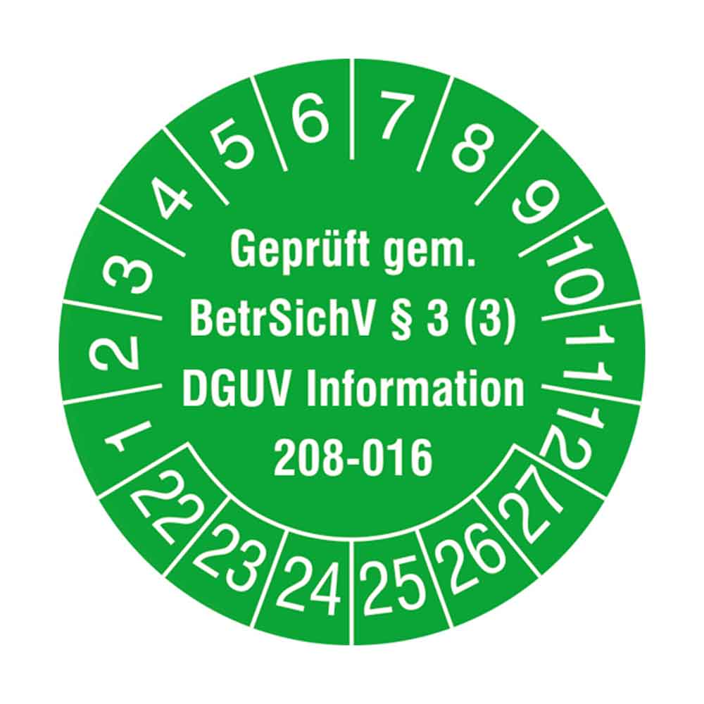 Prüfplakette auf Bogen - Geprüft gem. BetrSichV §3 (3) - DGUV Information 208-016