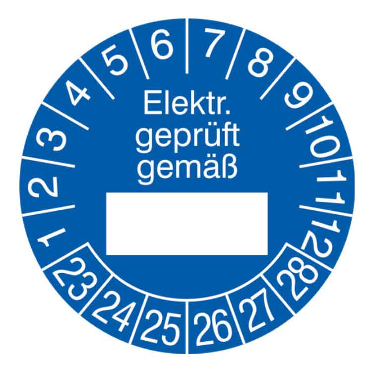Prüfplakette Elektr. geprüft gemäß in Jahresfarbe