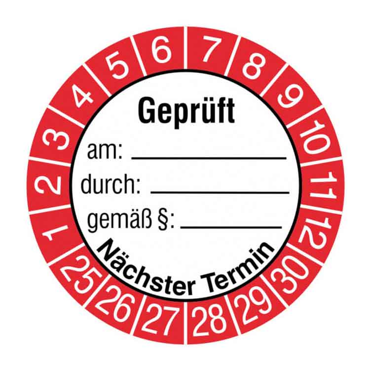 Prüfplakette - Geprüft am ... durch ... gemäß ... - Dokumentenfolie - Weiss/Rot/Schwarz
