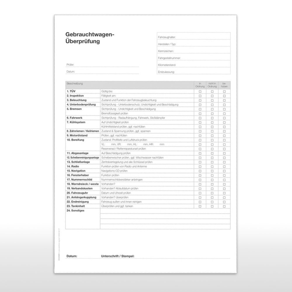 Block Gebrauchtwagen Überprüfung - Format DIN A4