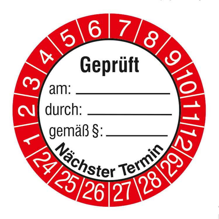 Prüfplakette - Geprüft am ... durch ... gemäß ... - Dokumentenfolie - Weiss/Rot/Schwarz