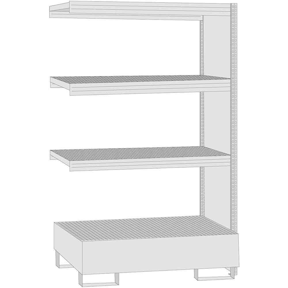 BERT-Umweltregal - Rahmen mit Seitenwand Vollbech - Anbaufeld mit Auffangwanne - H 2000 x B 1285 x T 600 mm - 3 Lagerebenen - 250 kg