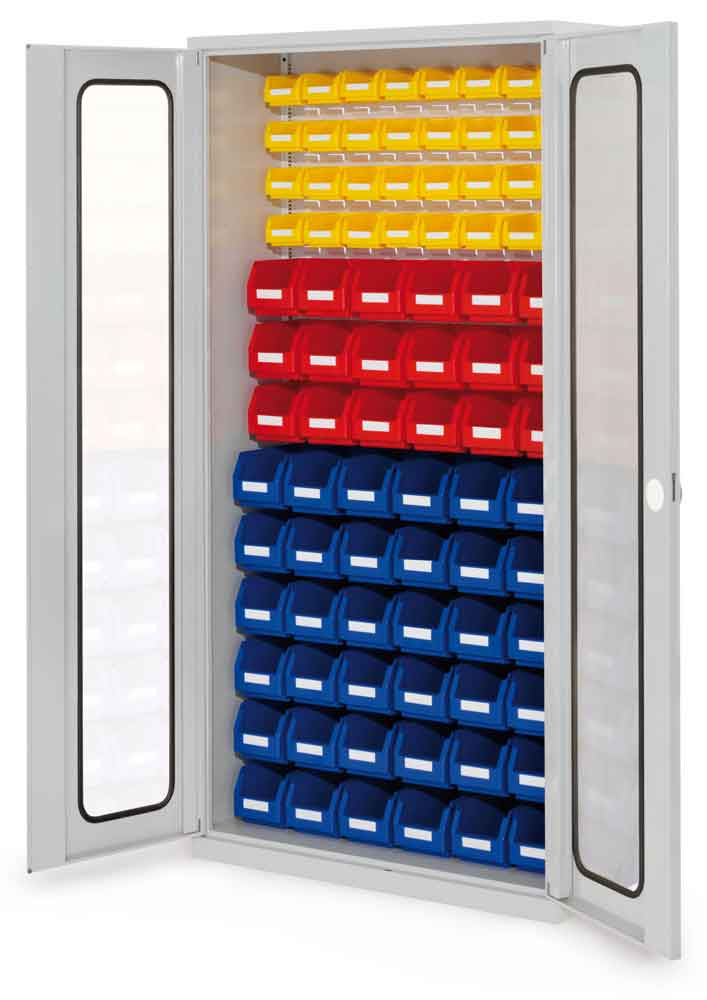 RasterPlan® - Schlitzplattenschrank Modell 55 - bestückt mit Lagersichtkästen - Türen wählbar