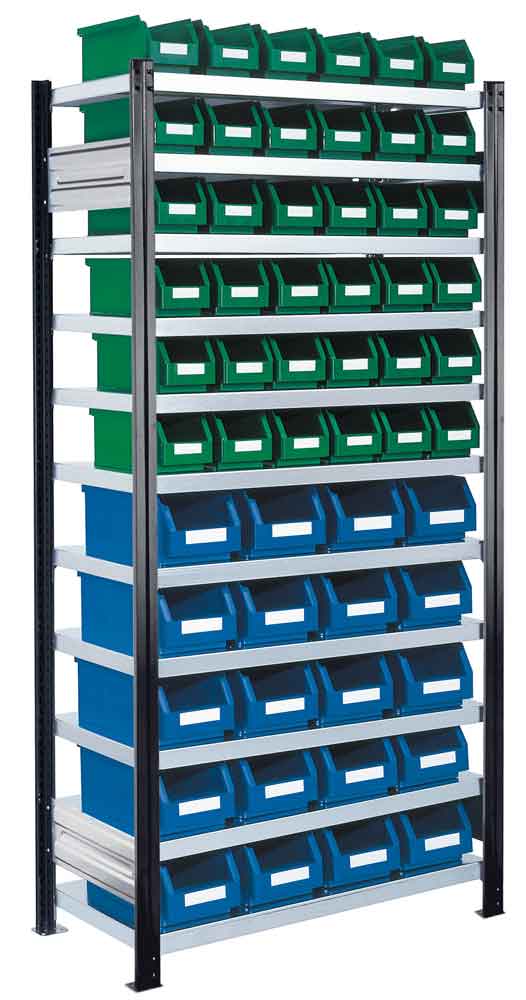 RasterPlan® - Steckregal Modell 14 - komplett mit Lagersichtkästen - Grund- und Anbaufeld