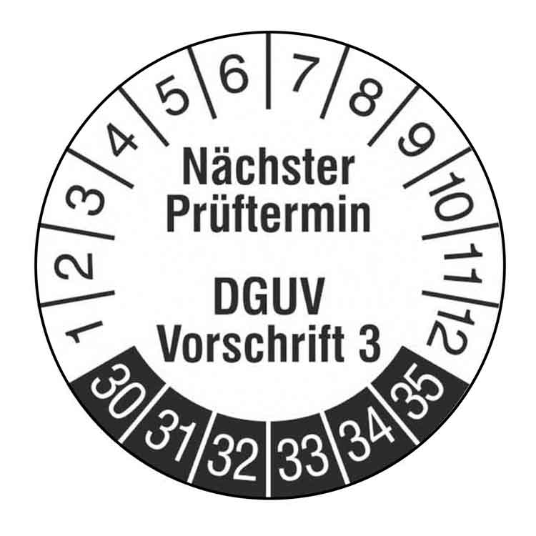 Prüfplakette - Nächster Prüftermin DGUV Vorschrift 3 - Weiss/Schwarz - PVC-Folie