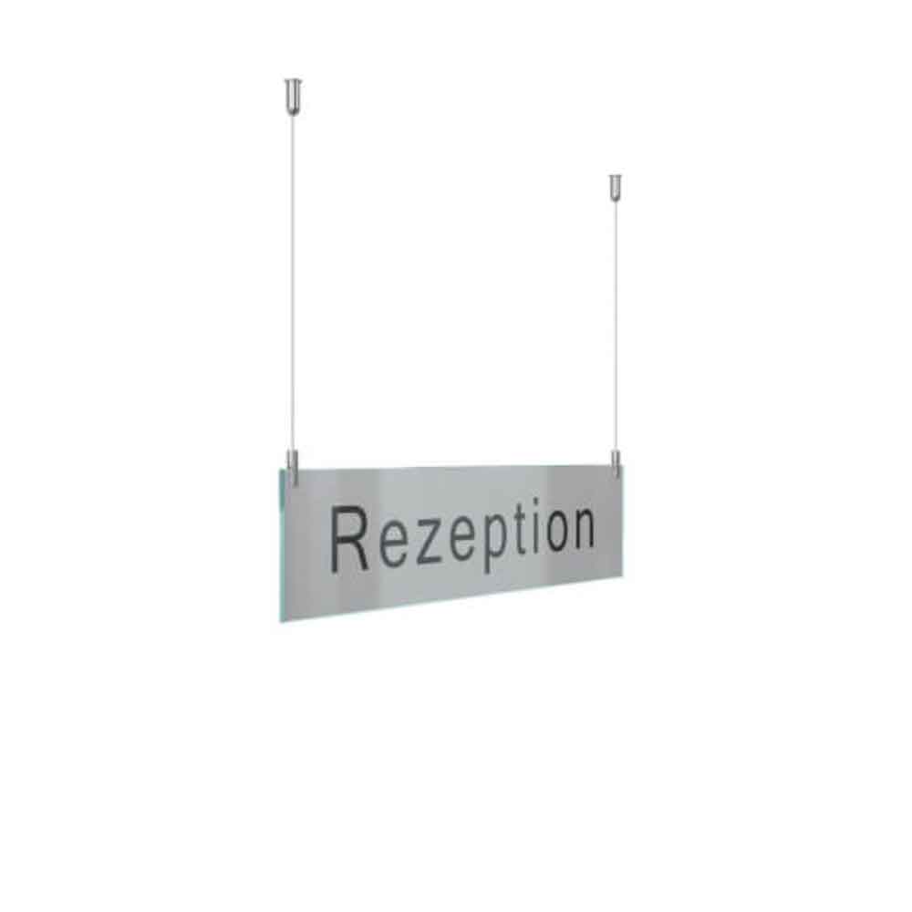CRISTALLO Infoleiste als Deckenabhänger - 1 x 5 mm Sicherheitsglas - Stahlseil - in 3 Größen CRISTALLO Infoleiste als Deckenabhänger - 1 x 5 mm Sicherheitsglas - Stahlseil - in 3 Größen