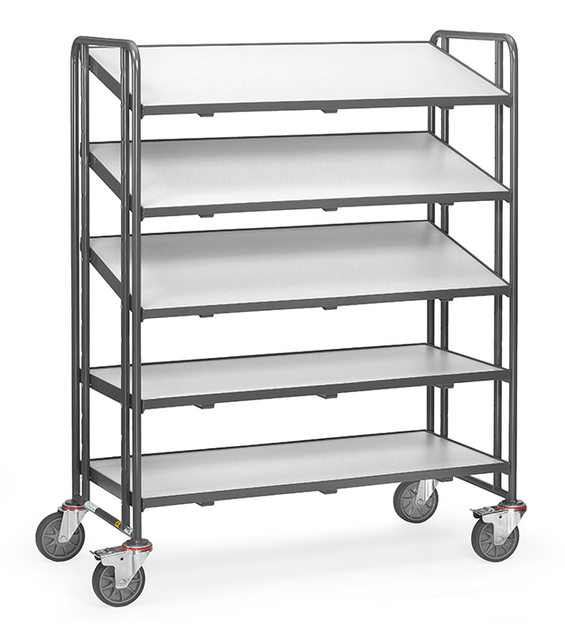 ESD-Eurokastenwagen - elektrisch leitfähig - 5 Etagenrahmen mit Holzwerkstoffplatten - für je 3 Eurokästen