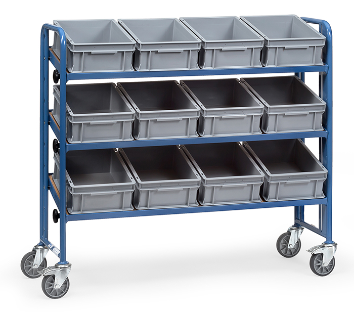 Montagewagen mit 3 neigbaren Ladeflächen L 1240 x B 415 mm - 12 Sichtlagerkästen