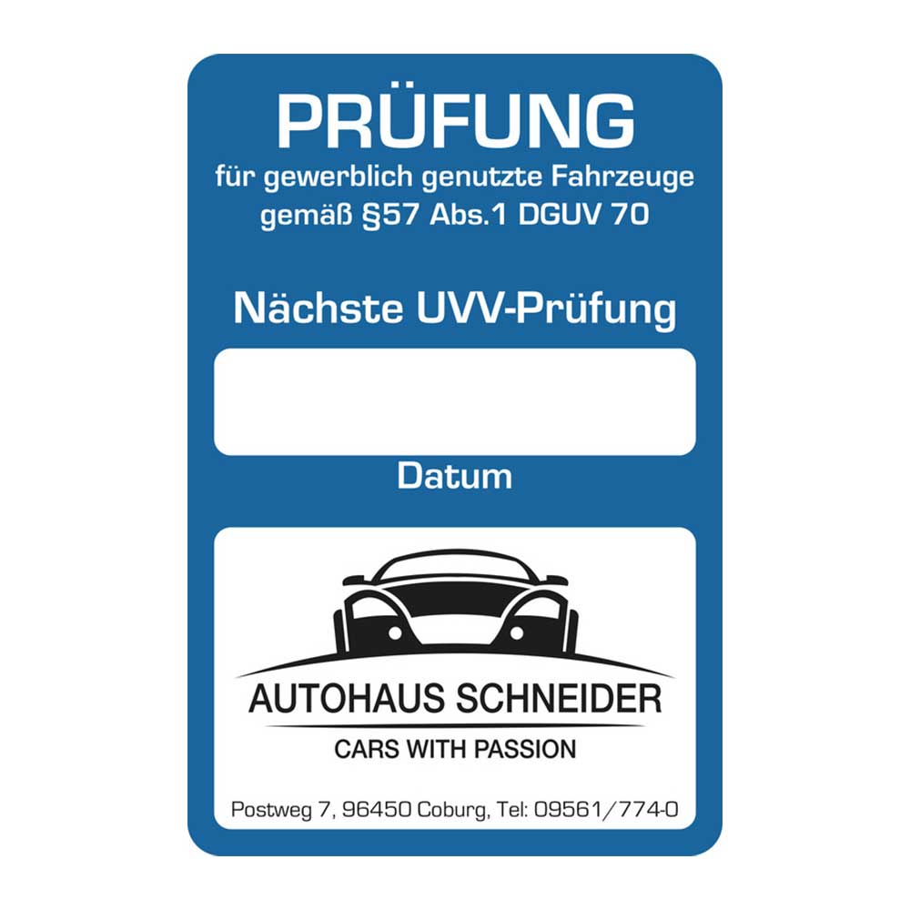 Kundendienst-Aufkleber - "Nächste UVV-Prüfung"- Adresseindruck nach Wunsch