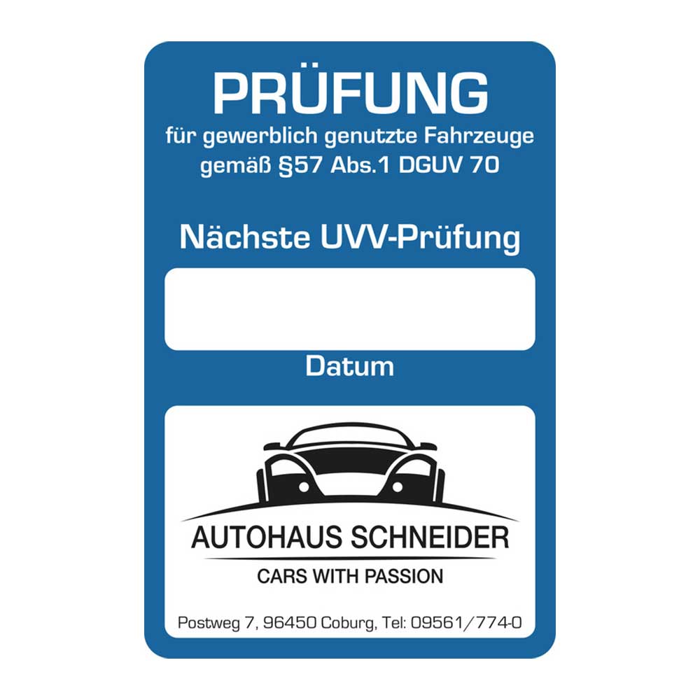 Kundendienst-Aufkleber - "Nächste UVV-Prüfung"- Adresseindruck nach Wunsch Kundendienst-Aufkleber - "Nächste UVV-Prüfung"- Adresseindruck nach Wunsch