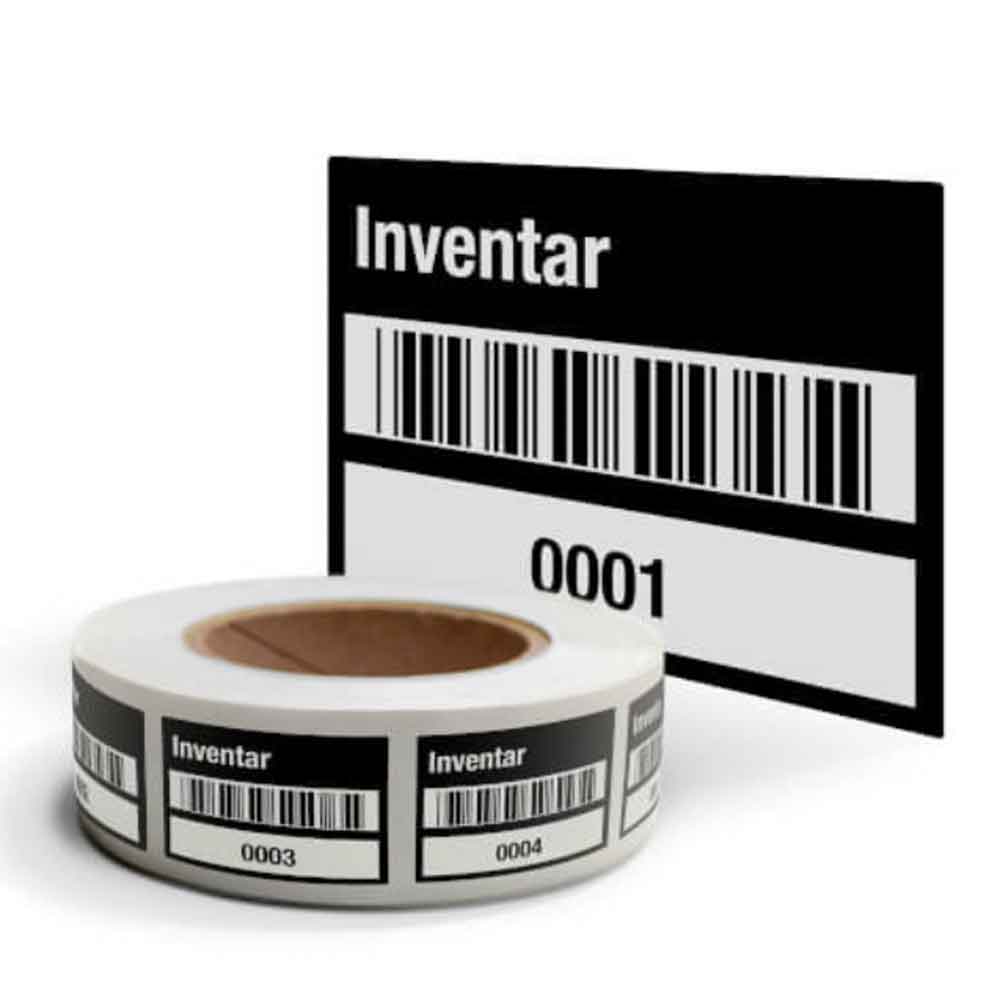 Inventar-Etikett - Inventar-Nr.: - mit Barcode und fortlaufend nummeriert - PVC-Folie auf Rolle