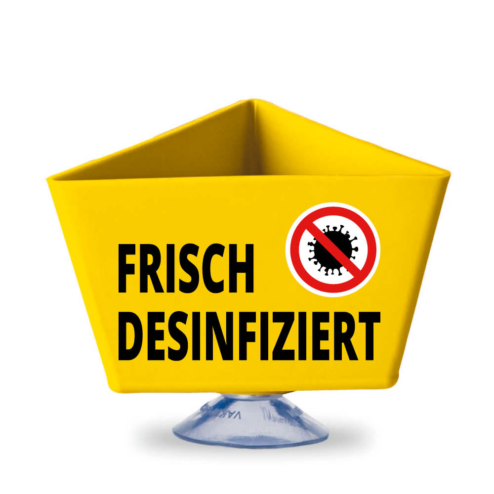 Leitzahlenträger - Text und Motiv: "FRISCH DESINFIZIERT" - mit Saugnapf - 11 Farben