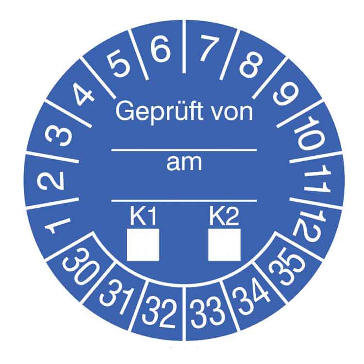 Prüfplakette - Geprüft von ... am ... K1-K2 - in Jahresfarbe - Dokumentenfolie