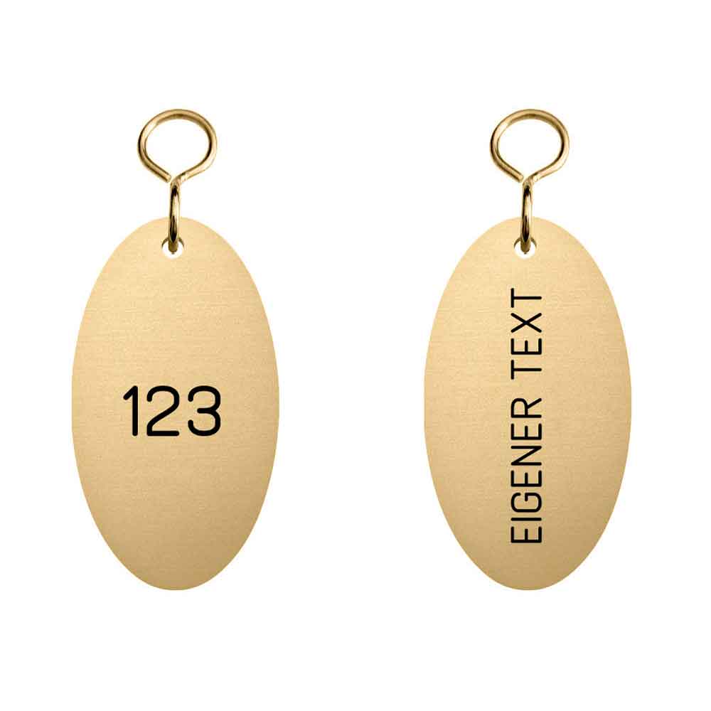 Schlüsselanhänger aus Messing - 37 x 67 mm - Ovalform - mit S-Haken - 1-zeiliger Text schwarz graviert