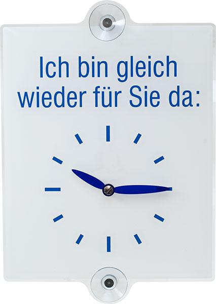 Ladentürschild - mit Uhranzeige - Text oder Logo nach Wahl oder Text: Ich bin gleich ... :