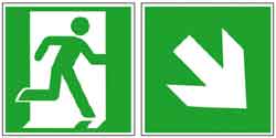 Fluchtwegschild und Zusatzschild abwärts gehen nach rechts