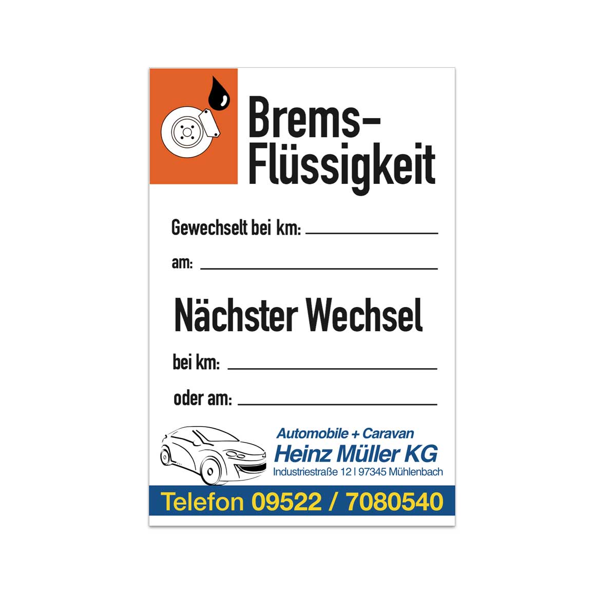 50-50-007-0-00-01-000-serviceetikett-bremsfluessigkeit-882631 Service-Aufkleber - "Bremsflüssigkeit" - mit Firmeneindruck - Hochformat