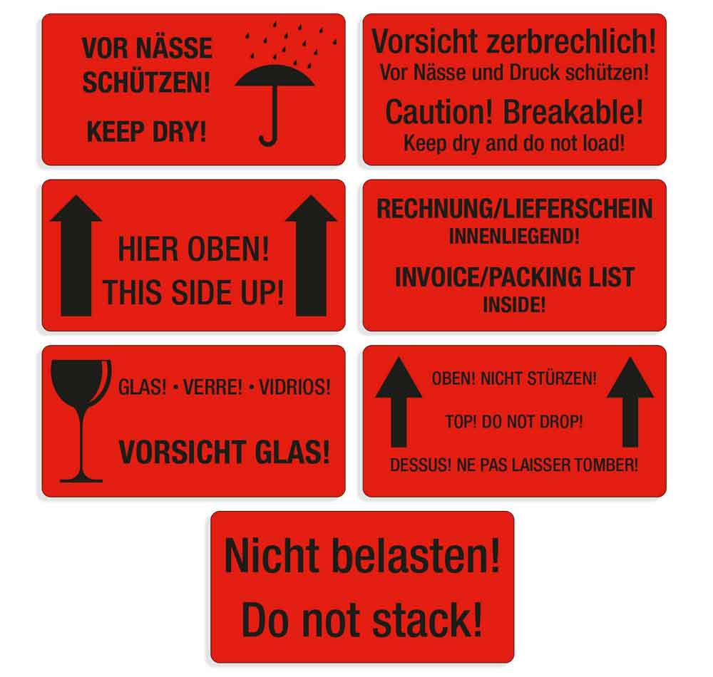 Warn- bzw. Verpackungsetiketten - selbstklebend in Signalrot auf Rolle