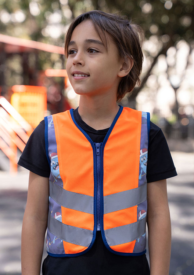 Korntex® Kinder Warnweste Action „Working Heroes“ - CO2 Neutral - Blau/Traktor - XS