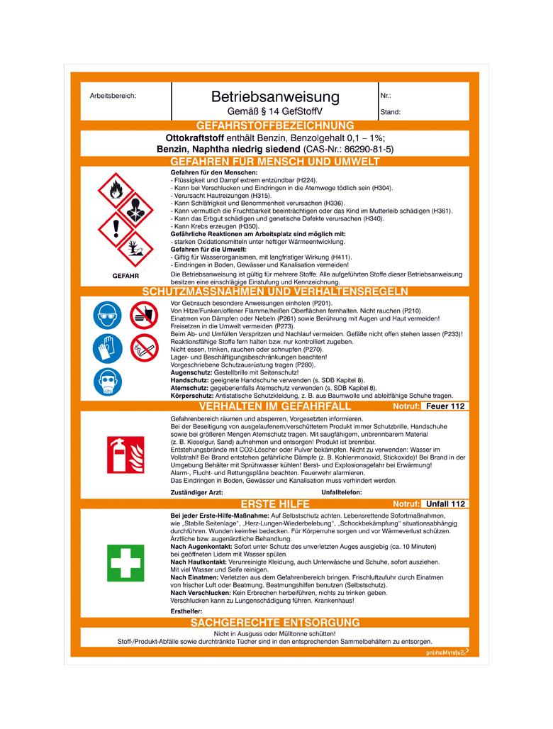 Gefahrstoff-Betriebsanweisung - Ottokraftstoff/Benzin