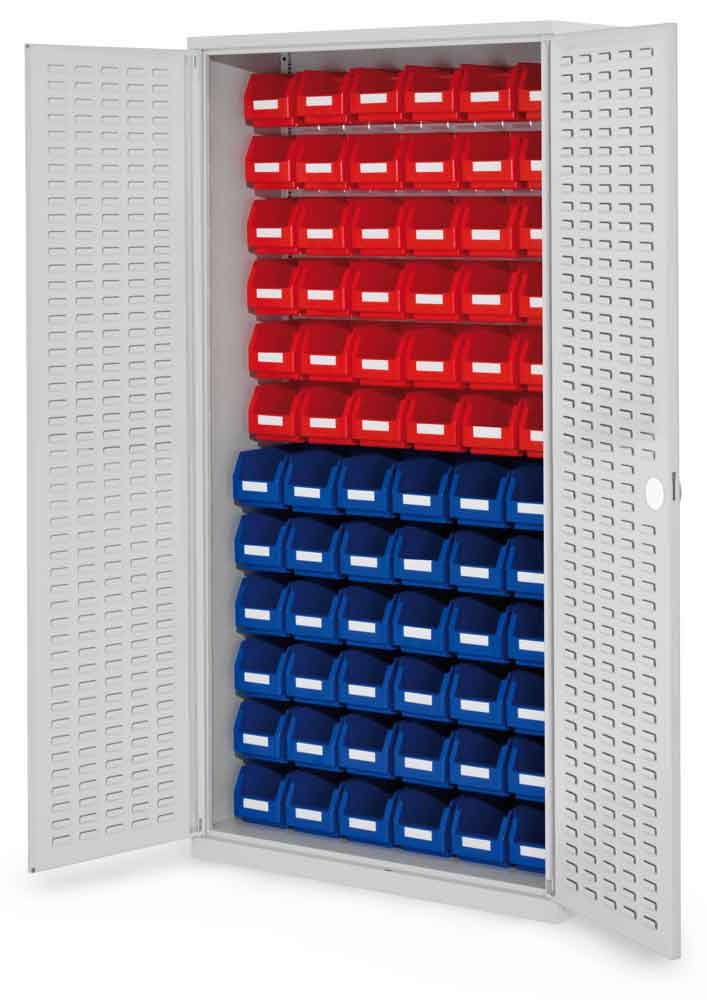 RasterPlan® - Schlitzplattenschrank Modell 52 - bestückt mit Lagersichtkästen - Türen wählbar