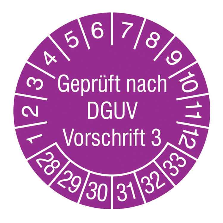 Prüfplakette Geprüft nach DGUV Vorschrift 3 - in Jahresfarbe - Dokumentenfolie