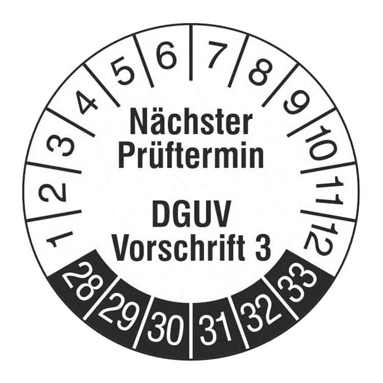 Prüfplakette - Nächster Prüftermin DGUV Vorschrift 3 - Weiss/Schwarz - PVC-Folie