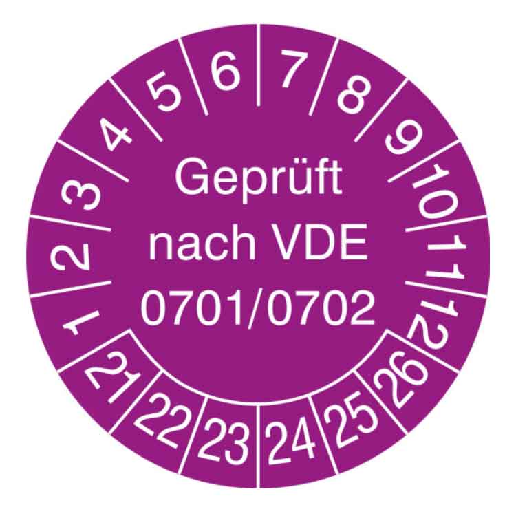 Prüfplakette Geprüft nach VDE 0701/0702 - in Jahresfarbe
