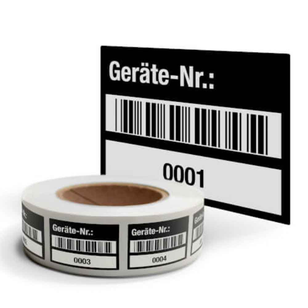 Inventar-Etikett - Geräte-Nr.: - mit Barcode und fortlaufend nummeriert - PVC-Folie auf Rolle