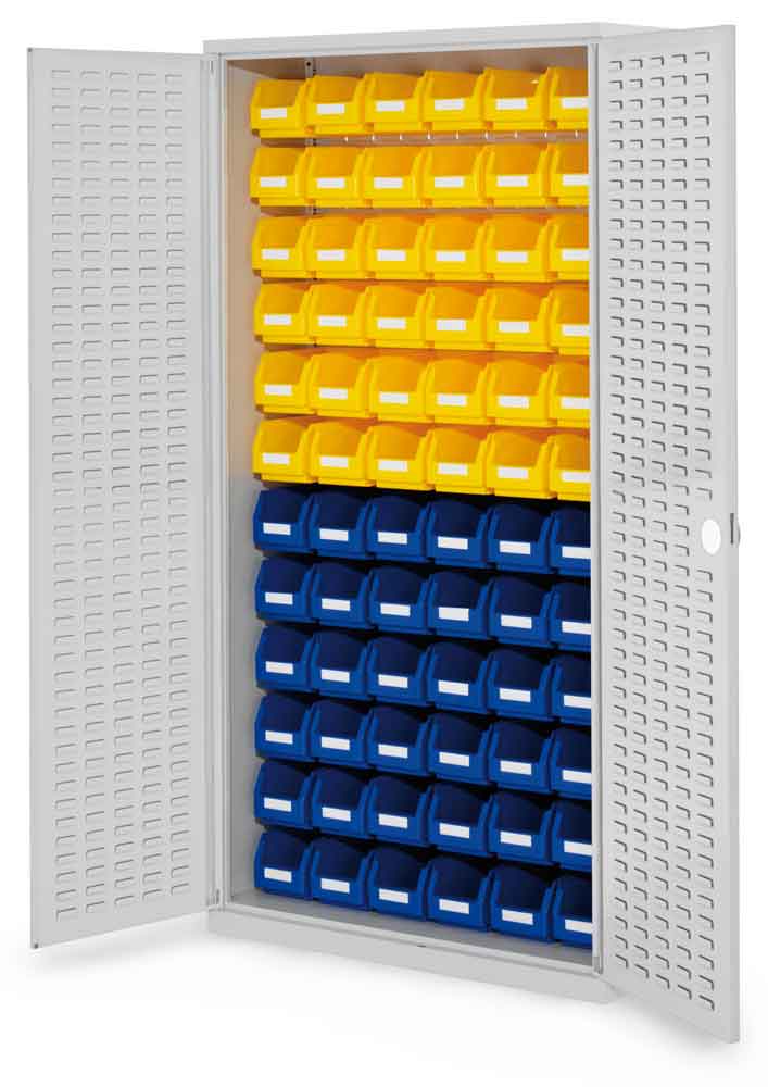 RasterPlan® - Schlitzplattenschrank Modell 53 - bestückt mit Lagersichtkästen - Türen wählbar