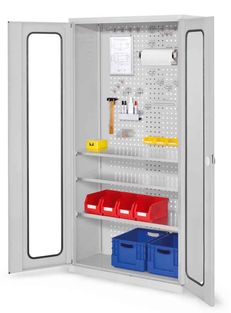 RasterPlan® - Werkzeugschrank - mit Sichtfenstertüren - Tiefe 410 mm - 3 Fachböden