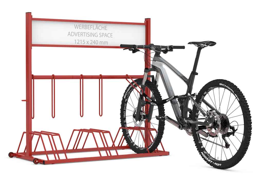 Werbefahrradständer SECURITY STATION - große Werbefläche - 6 Einstellplätze zweiseitig Werbefahrradständer SECURITY STATION - große Werbefläche - 6 Einstellplätze zweiseitig
