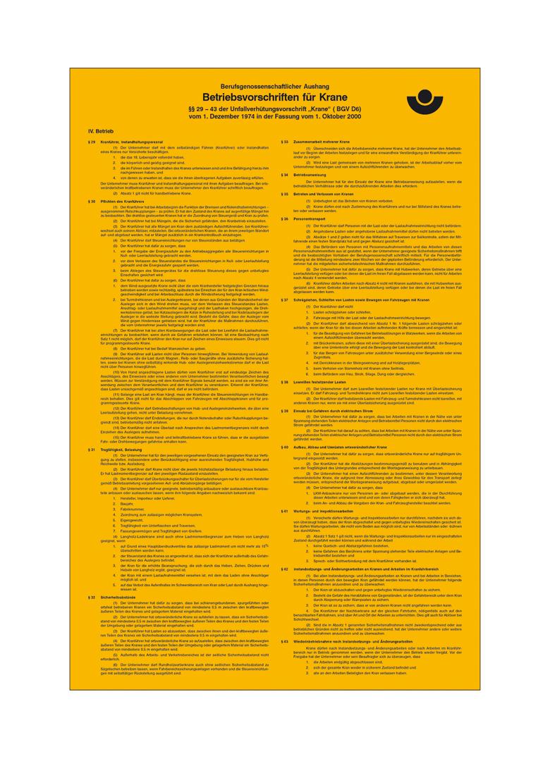 Aushang Berufsgenossenschaft - Betriebsvorschriften für Krane