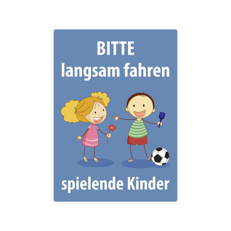 Spielplatzschild mit Anti-Graffiti-Oberfläche - Symbol und Text: Bitte langsam fahren, spielende Kinder