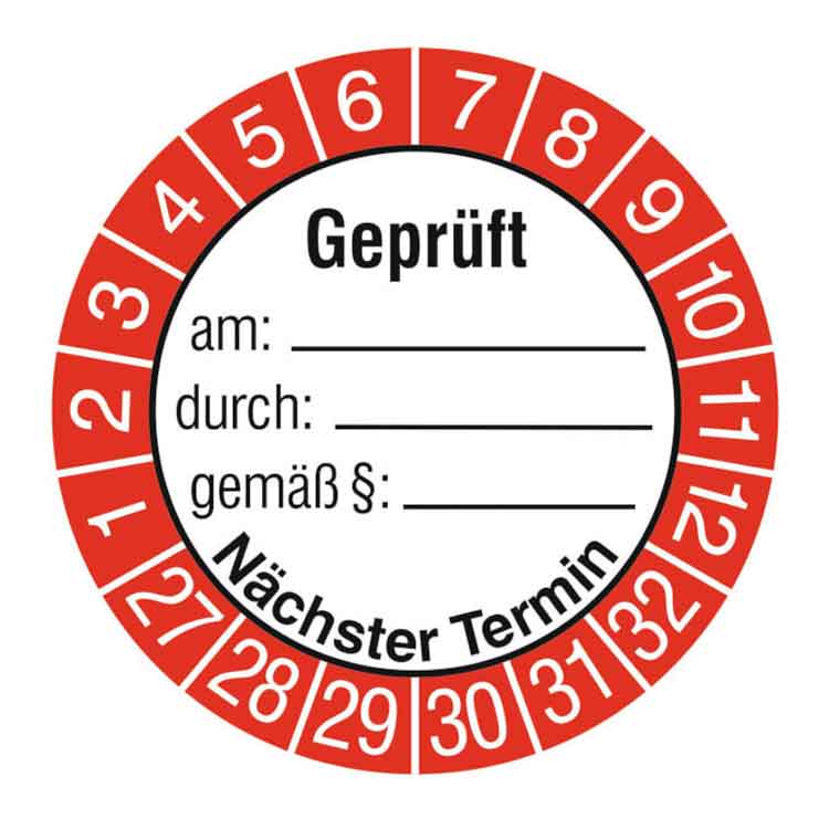 Prüfplakette - Geprüft am ... durch ... gemäß ... - Dokumentenfolie - Weiss/Rot/Schwarz